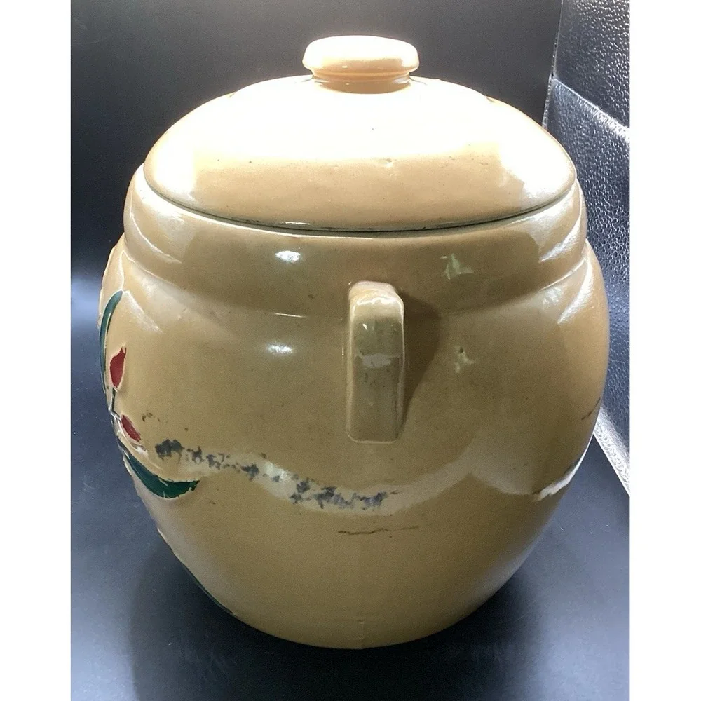 VTG Early Hand Painted Stoneware Bean Pot Cookie Jar Crock As Is Flowers‎